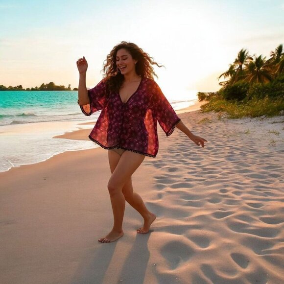 Band of Gypsies ✦ Sheer Boho Kimono Top ✦ Purple Crochet Trim Blouse XS EUC - Picture 6 of 11